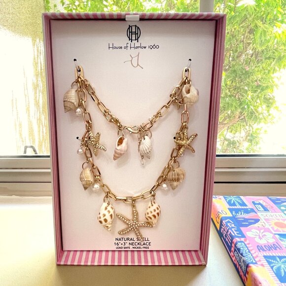 New House of Harlow 1960 Necklace Gold Shells Pearls NWT - Picture 2 of 7